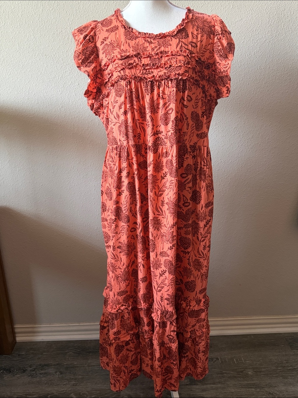 Ruffled Floral Print Maxi Dress in Coral Orange